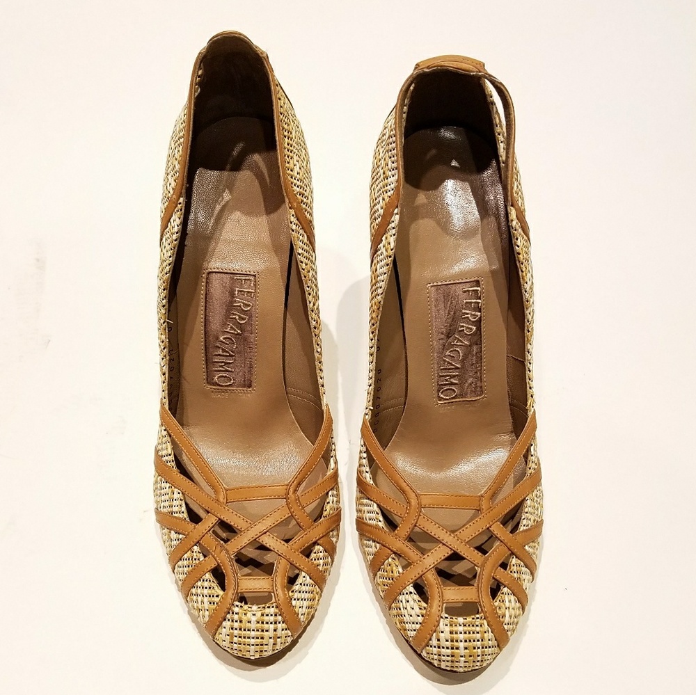 Salvatore Ferragamo tan cream woven heels